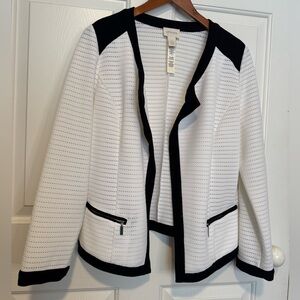 Chico's White Knit Open-Front Jacket with Black Trim